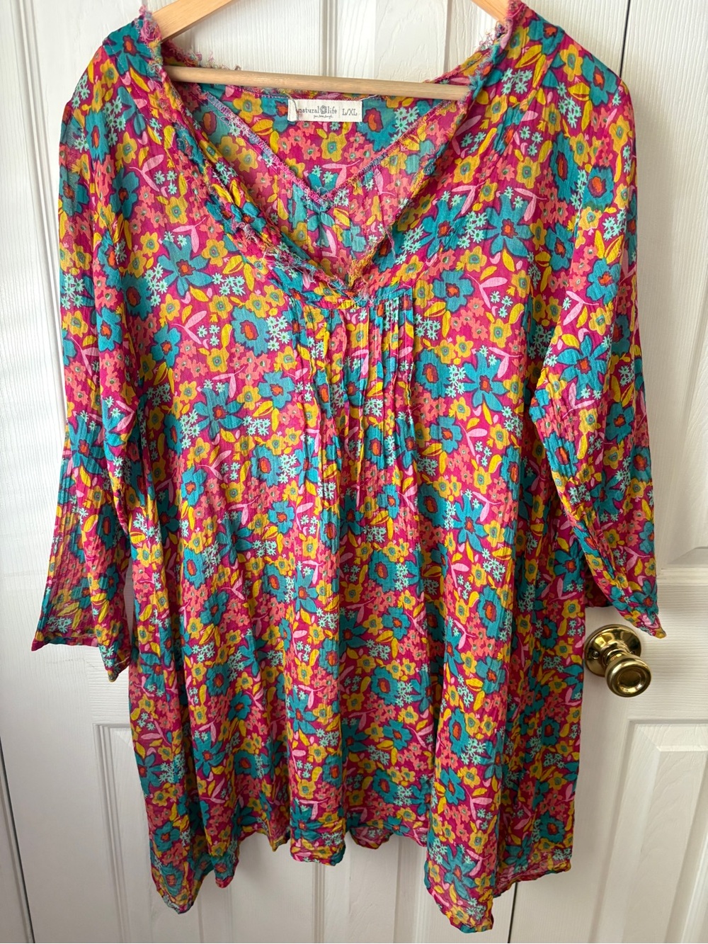 natural life Vibrant Floral Boho Semi-Sheer Swim Coverup Tunic Top L/XL